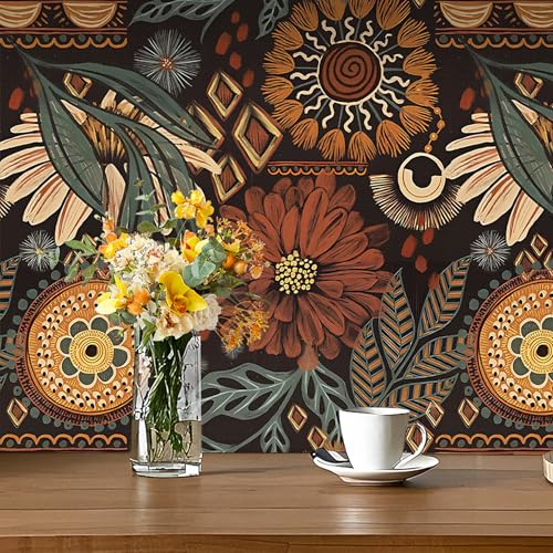 Papel pintado floral bohemio marrón de vinilo impermeable 2