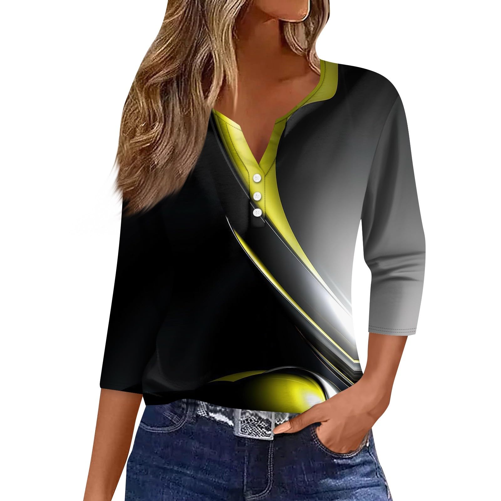 GenericWomens Tops 3/4 Sleeve Shirts 2024 Summer Fall Henley Neck Loose Casual Fashion Blouses Solid Color Tshirts