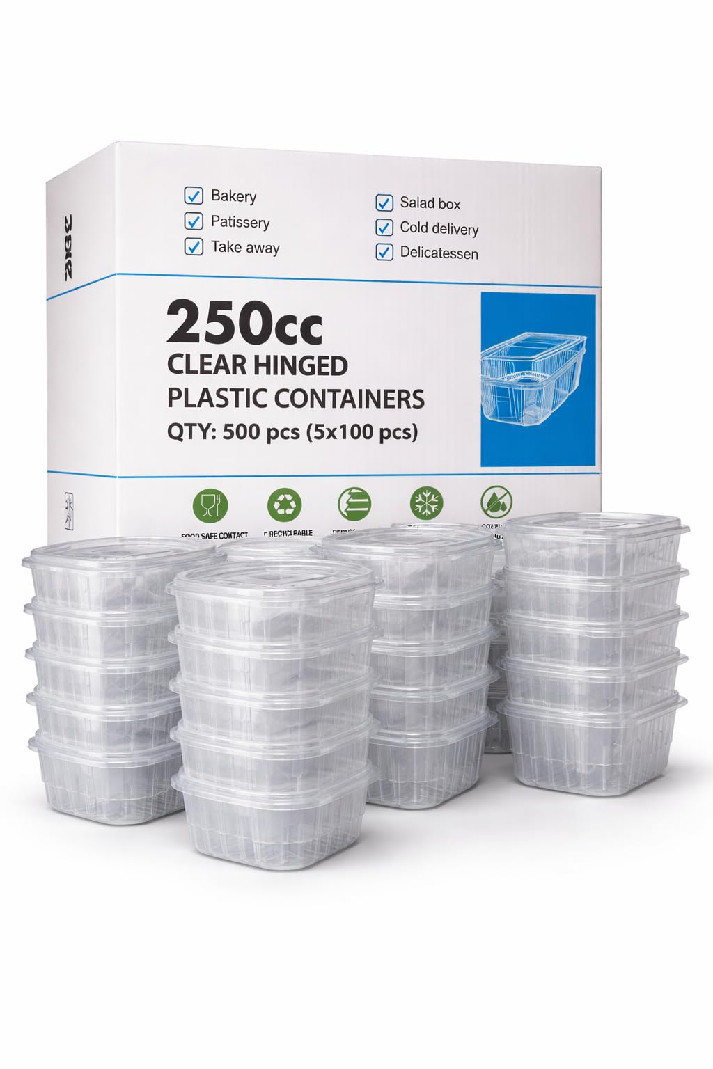 e-lite® Premium 250cc Clear Hinged Flat Lid Square Food Containers rPET Leak Proof Deli Savoury Salad Sauce Snack Takeaway Boxes 500 Pack