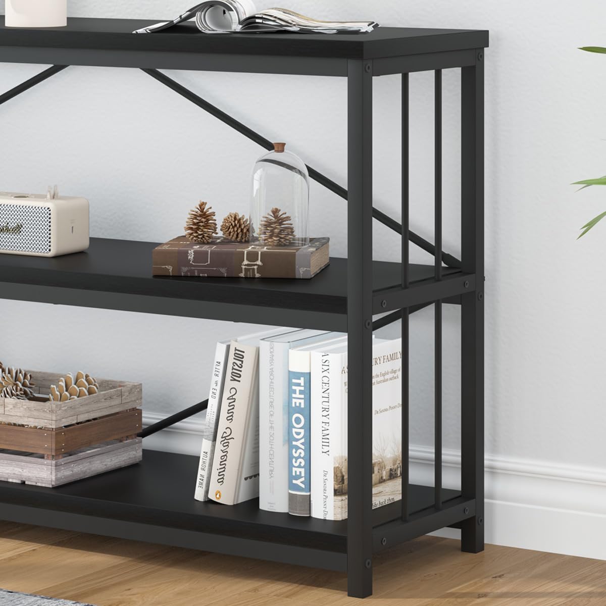 IBF 63" Black Low Horizontal Bookcase, Modern Long Wood Metal 3 Tier Book Shelf, Farmhouse Vintage Big Open Sturdy Bookshelf, Simple Large Wide Etagere for Home Living Room Office Bedroom, Black Oak