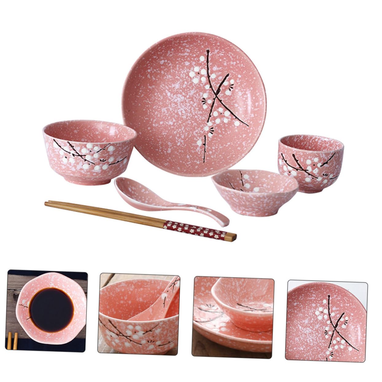 Ciieeo Set Stoviglie Giapponesi 12 Pezzi in Ceramica Rosa, Kit Posate e Piatti per Casa, Stile Delicato per Party e Uso Quotidiano