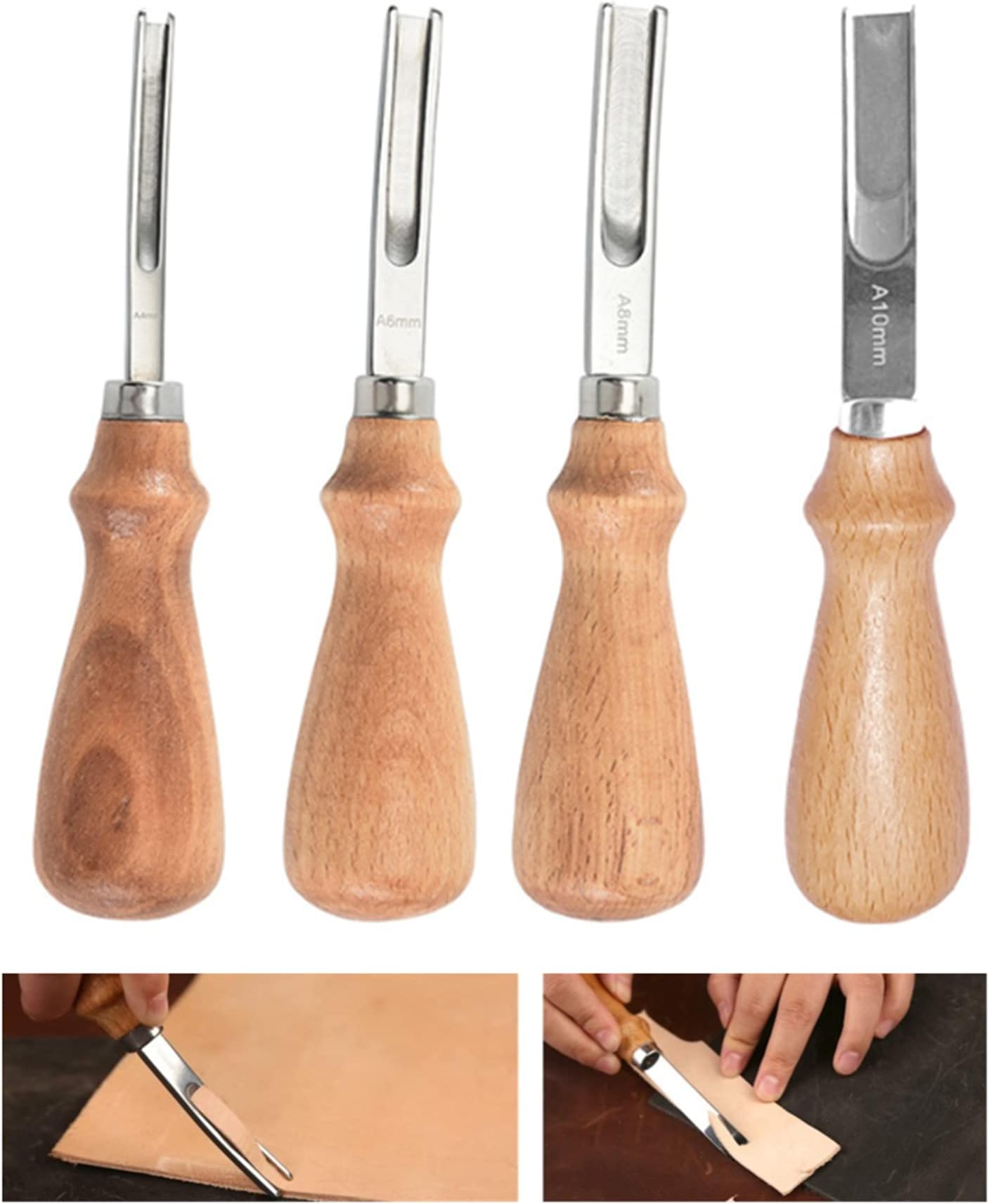 Leather Edge Skiving Beveler Tool Set, French Beveler,Wide Mouth Leathercraft Edge Skiving Beveler Leather Edge Trimmer with Wooden Handle Four Sizes(4mm,6mm,8mm and 10mm)