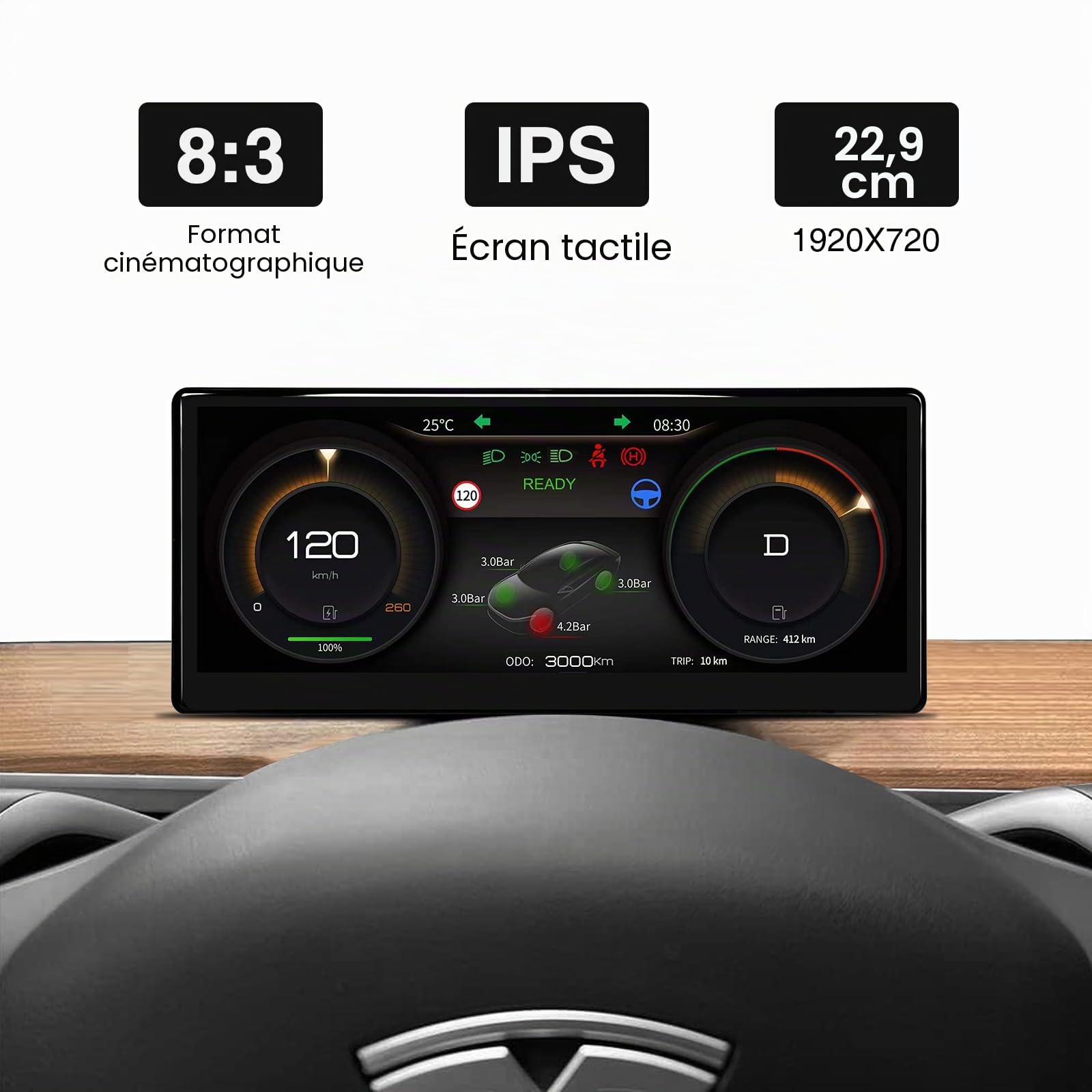Affichage tête Haute pour Tesla Model Y 2019-2024 & Model 3 2017-2023 avec Carplay sans Fil/câblé Android Auto Bluetooth Données synchrones Affiche la Batterie, Le kilométrage, la Vitesse(9 Pouces)