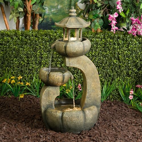 Image of Alpine Corporation 32 inch Tall 2-Layer Pagoda Polystone Fountain with LED Lights, Cascading Waterfall, Outdoor Garden and Patio Water Feature, Zen Decor, Relaxing Sound, Brown