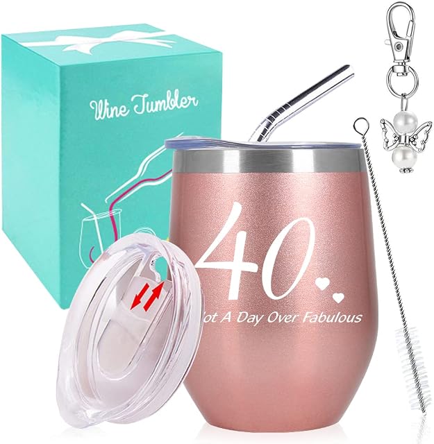 40th Birthday Gifts for Mum, Women, Wife, Wine Tumbler with Funny Saying,12 oz Insulated Stemless Wine Glasses with Angel Favor Keychain, Funny Wine Gift Set for Wine, Champagne, Coffee