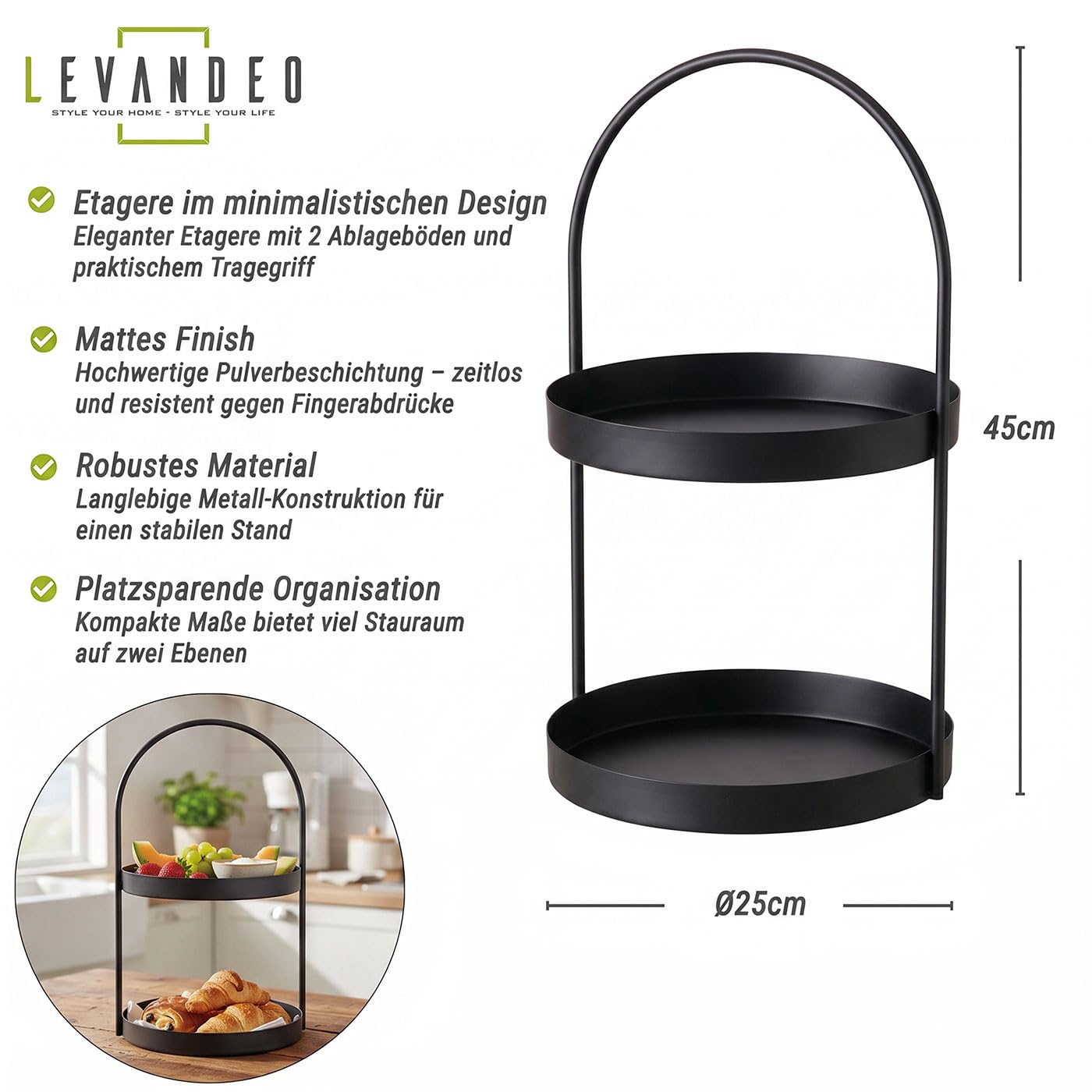 levandeo Metall Etagere Schwarz 2 Etagen H45cm Matt Servierplatte Servierständer Buffet