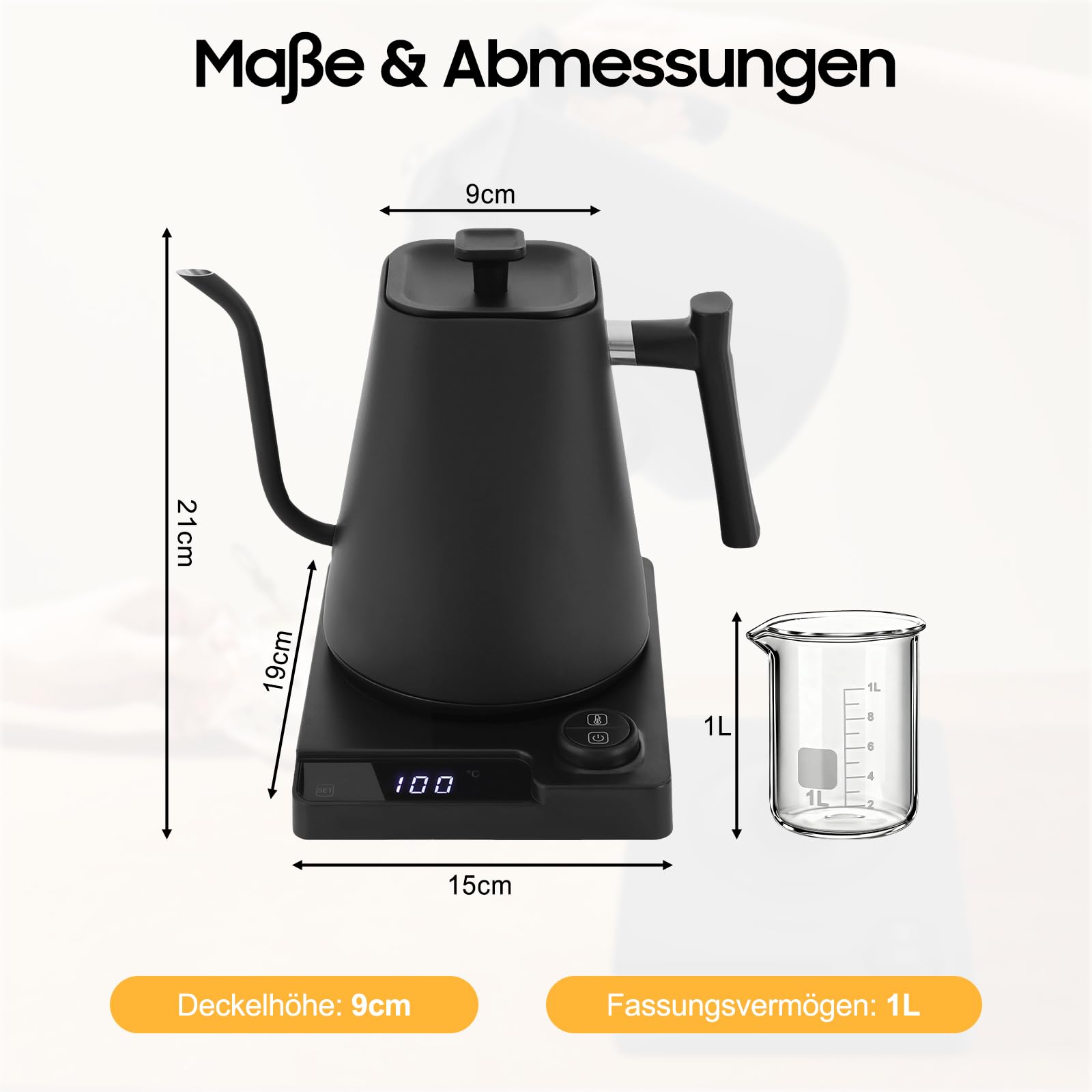 Hervidor eléctrico de cuello de cisne, 1 L, con indicador LED y función de mantenimiento del calor, ajuste de temperatura 40 – 100 °C, acero inoxidable, color negro
