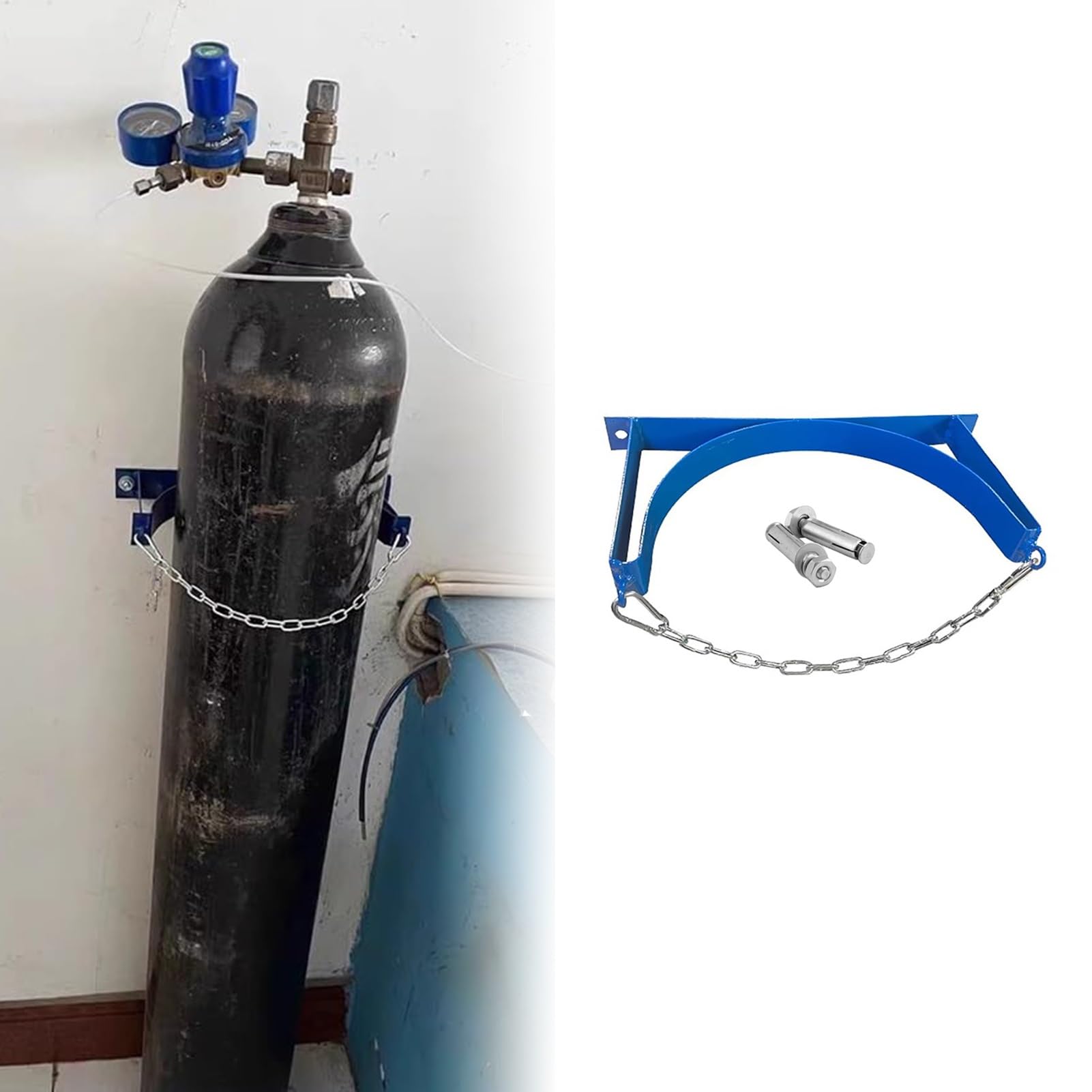 Soportes para Bombonas de Oxígeno Soporte de Pared para Botella de Oxígeno con Cadena de Seguridad y Tornillo, Soporte de Acero para Cilindro de Nitrógeno/ Acetileno/ Propano, Resistente para Tanque d