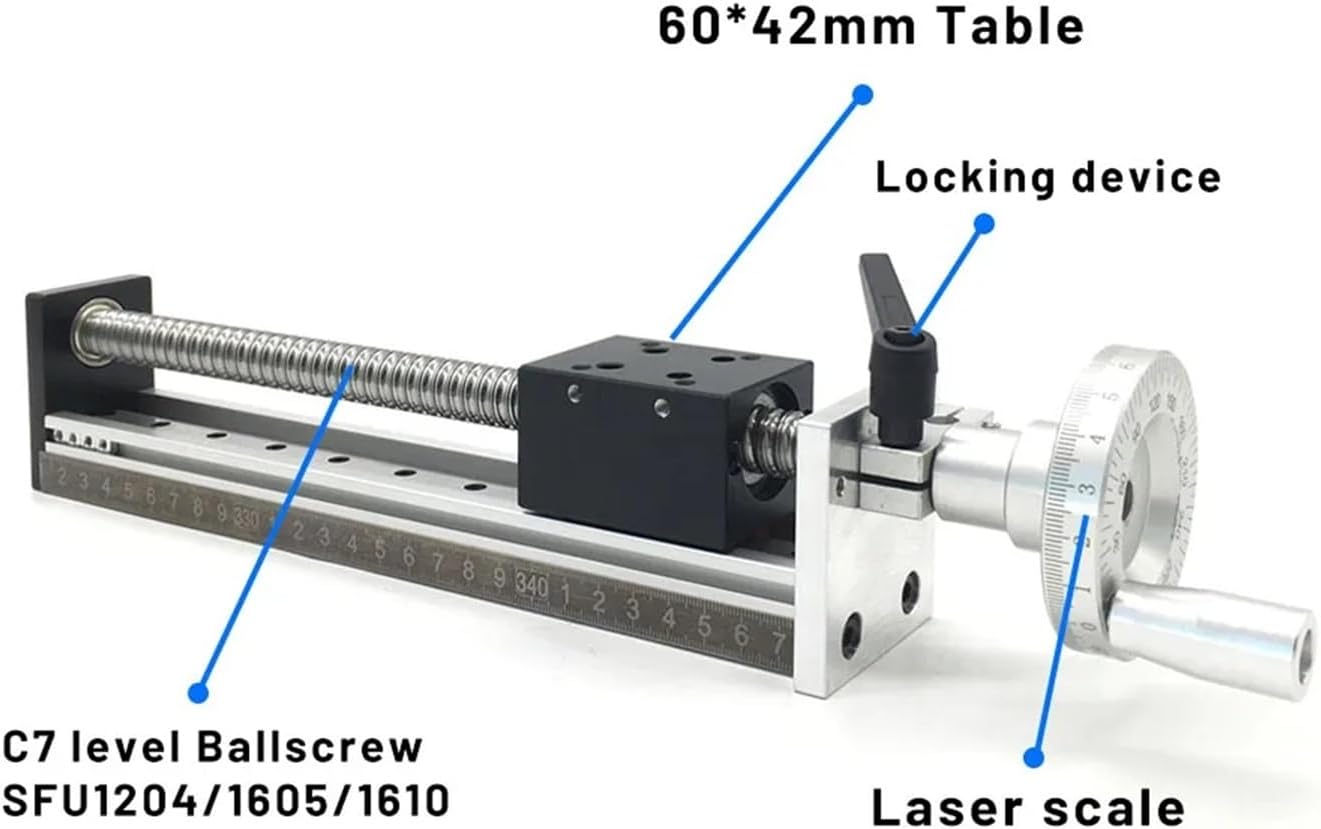CNC Manual Linear Rail Guide Motion Slide Stage 100-1000mm Effective Stroke Handwheel Aluminum Sliding Table 500mm/s(SFU1605 Ballscrew,600mm Stroke)