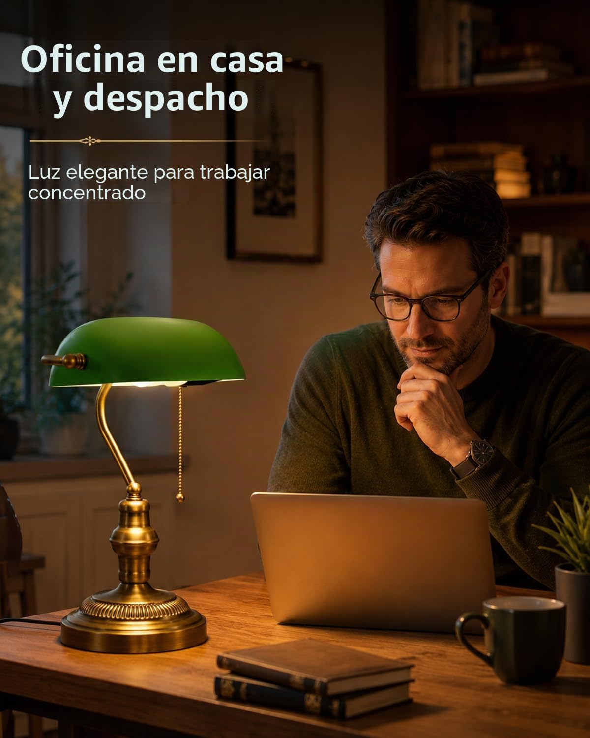 LANMOU Lámpara Banquero Verde, Cristal, E27 | Lámpara de Escritorio Vintage, Interruptor de Cadena, Efecto Latón, Banker's Lamp Para Mesa, Estudio, Rincón de Lectura