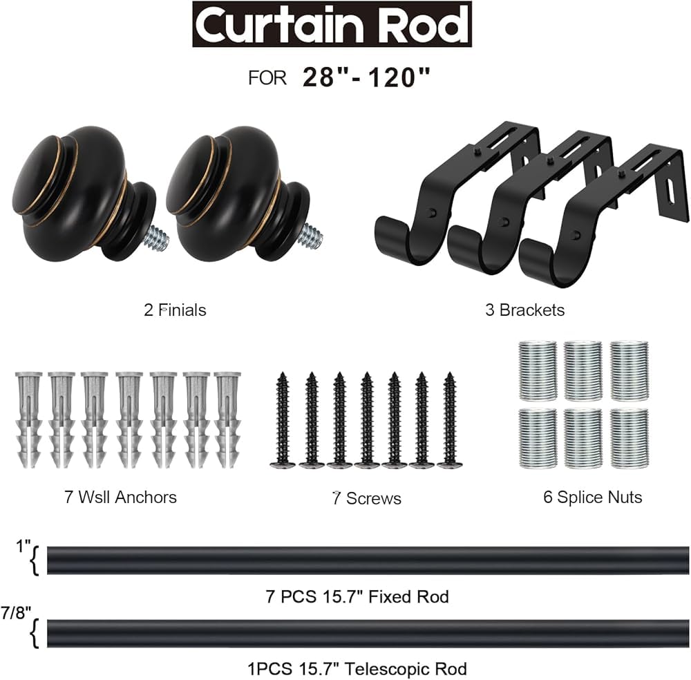 Gardinenstange 28 Bis 120 Zoll,Gardinenstange,Duschvorhangstange,Gardinenstange mit Endkappendesign,für Küche,Fenster,Fenster(Size:28-120in,Color:schwarz)