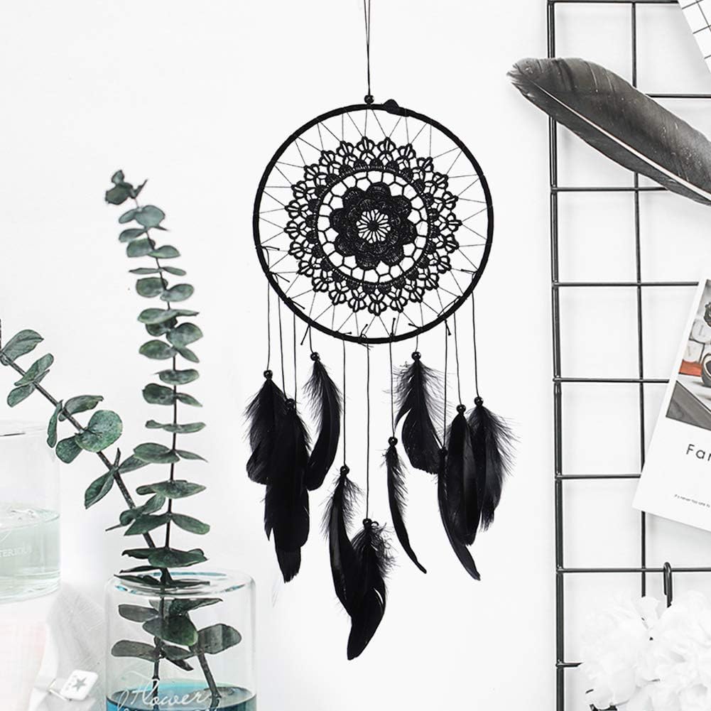 Dreamcatcher Noir Plumes Ornement Murale Décoration Chambre