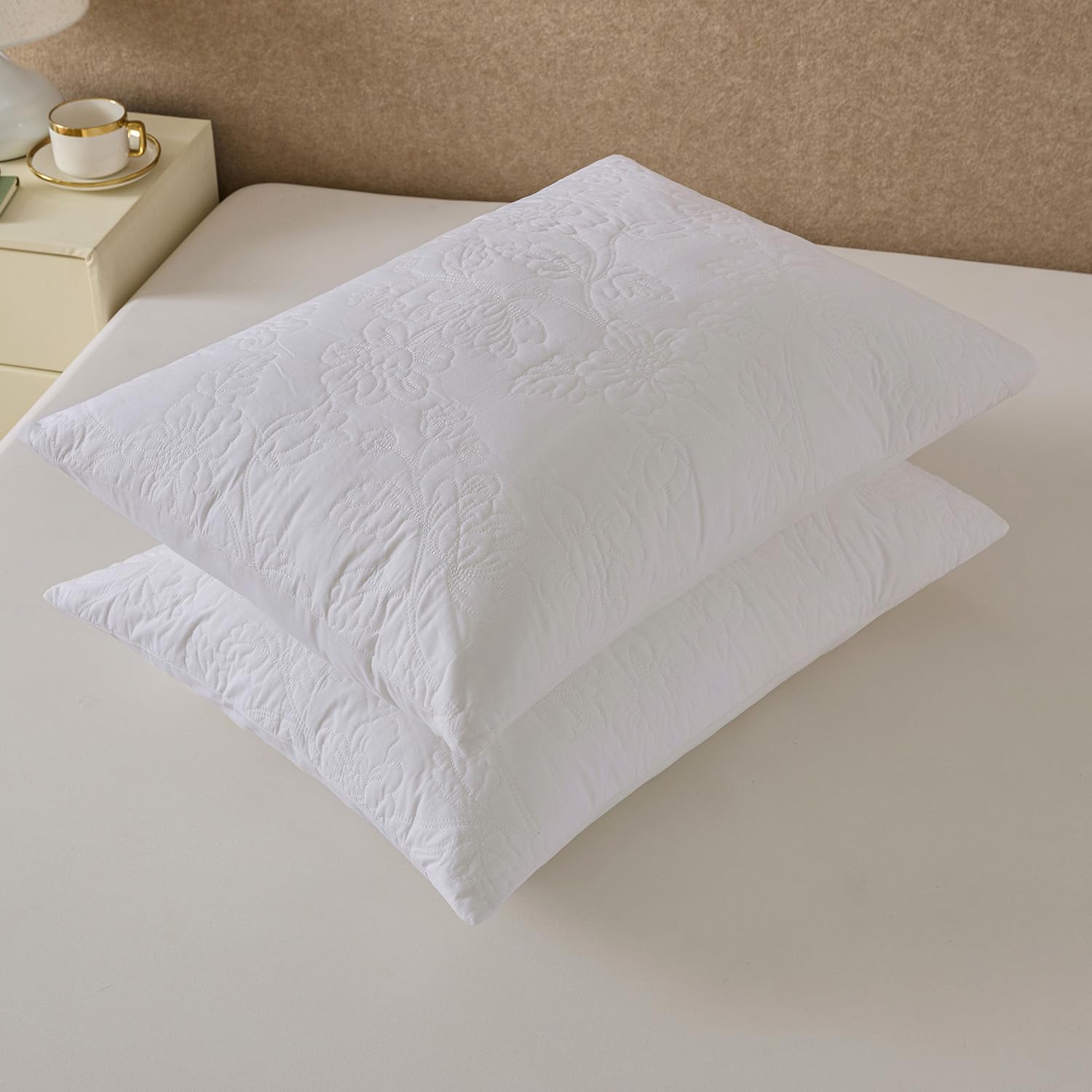 YINFUNG White Quilted Euro Shams Set of 2 Cotton 26x26 European Pillow Covers Embroidered Blossom Floral Decorative Large Pillowcases for Bed Sofa Embossed Matelasse