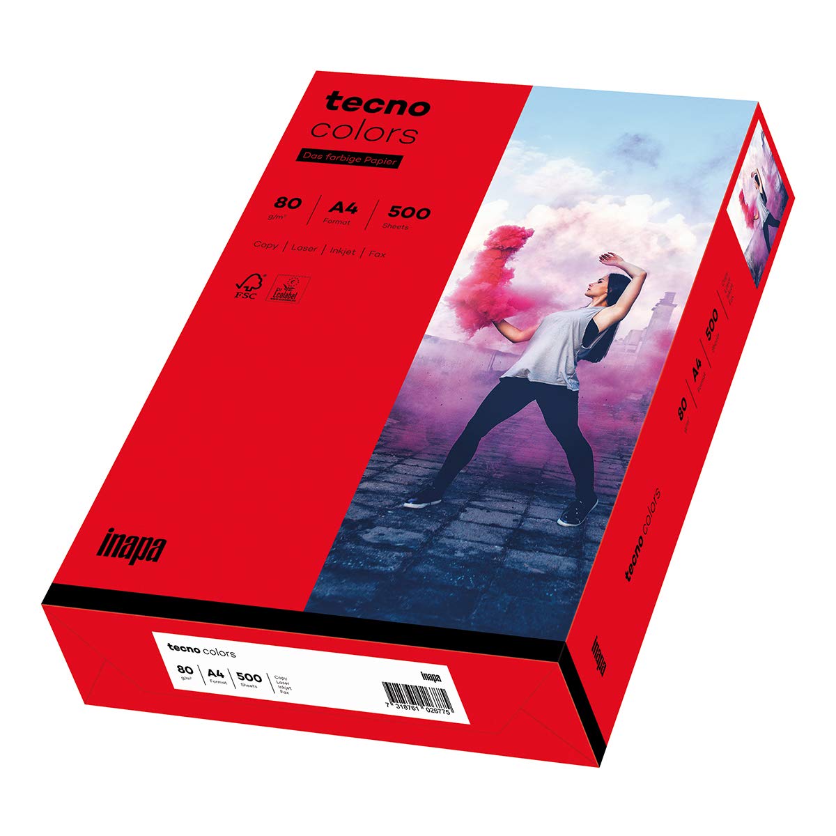 Inapa farbiges Druckerpapier, buntes Papier tecno Colors: 80 g/m², A4, 2.500 Blatt (5x500), intensivrot