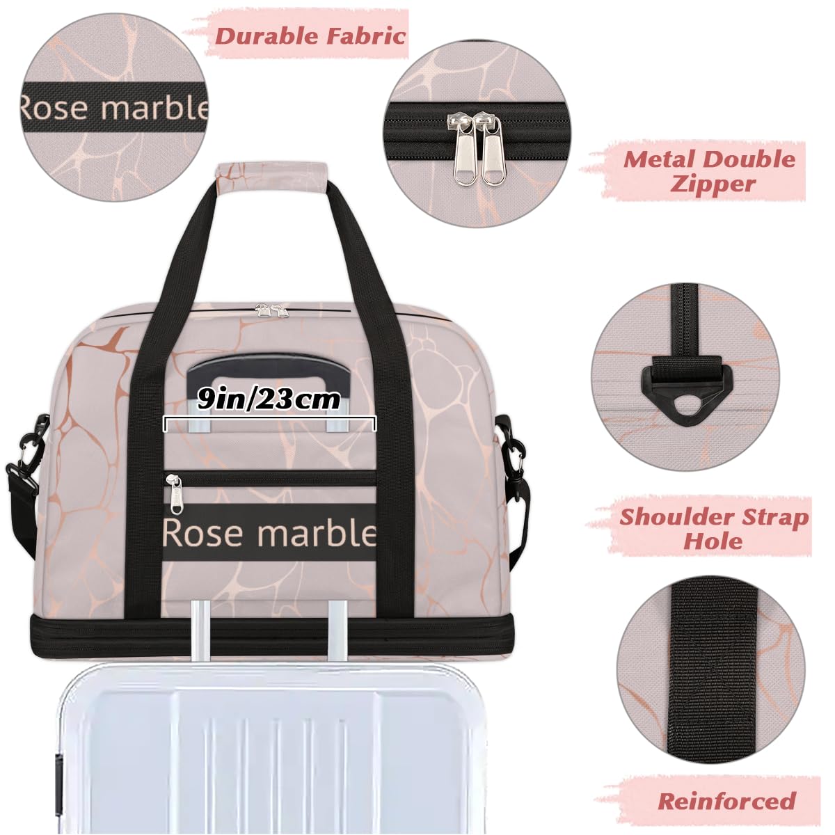 Bolsa de viaje plegable de mármol rosa, bolsa de fin de semana de mármol de 47 litros con funda de carrito de hombro separado para deportes, gimnasio, viajes, multicolor, 47L, Bolsa de viaje