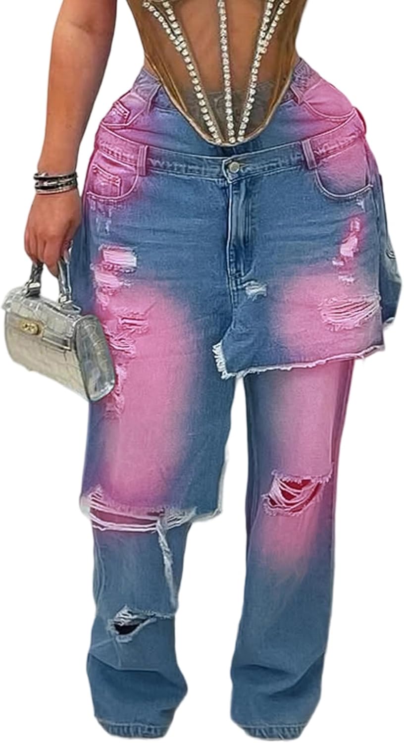 LKOUS Women's Ripped Baggy Jeans High Waist Wide Leg Patchwork Distressed Cutout Stretchy Denim Pants Streetwear