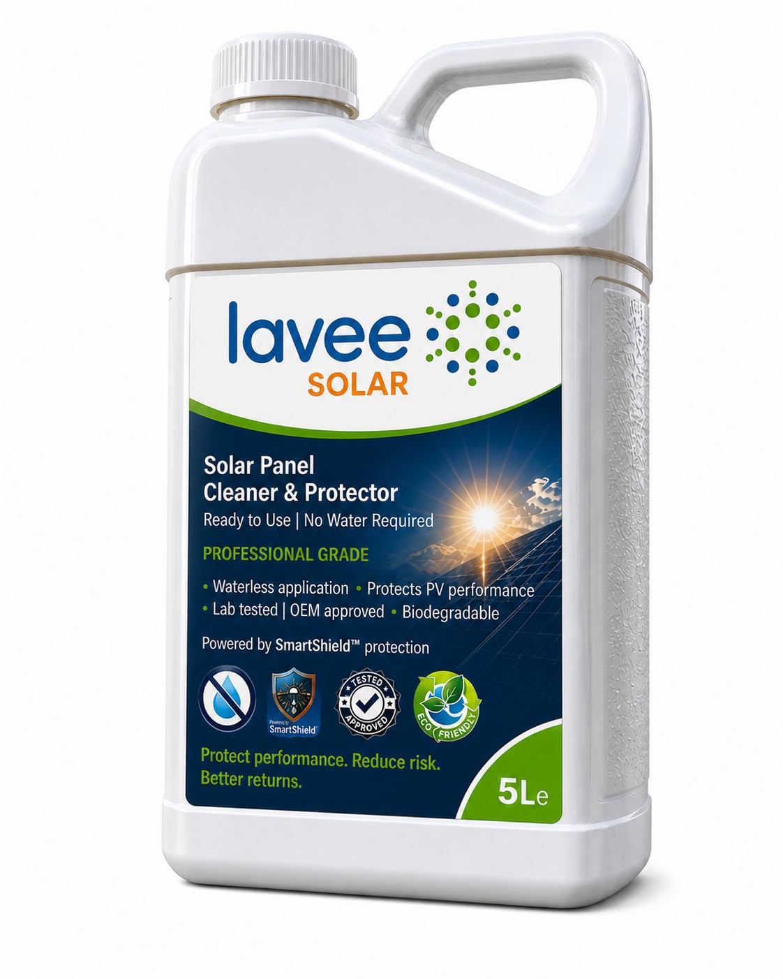 Nettoyant & Protecteur pour Panneaux Solaires sans Eau, 5L | Technologie Anti Saleté SmartShield | Prêt à l'Emploi | Biodégradable | Approuvé par les Fabricants PV | Nettoie ~100 Panneaux