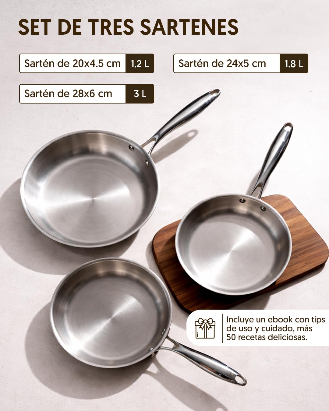 La Moustache - Juego de Sartenes de Acero Inoxidable (20/24/28 cm) - Set Profesional para Inducción, Sin Recubrimientos, Aptas para Horno y Lavavajillas (Titan Inox)