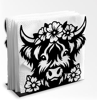 Highland Cow Decorative Black Metal Napkin Holder for Table, 5.3" x 4.8" x 2" Animal Flower Standing Napkin Holder for Home Kitchen Restaurant Picnic Party Coffee Bar Dining Room