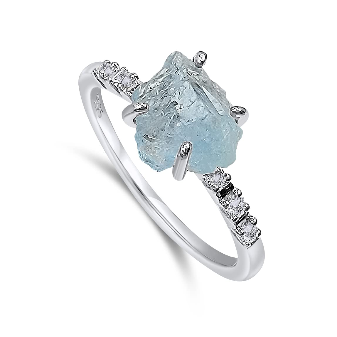 Real Raw Crystal Dainty Ring white Gold Birthstone gift for sister daughter niece Christmas birthday Uniquelan Jewelry (aquamarine, 4)