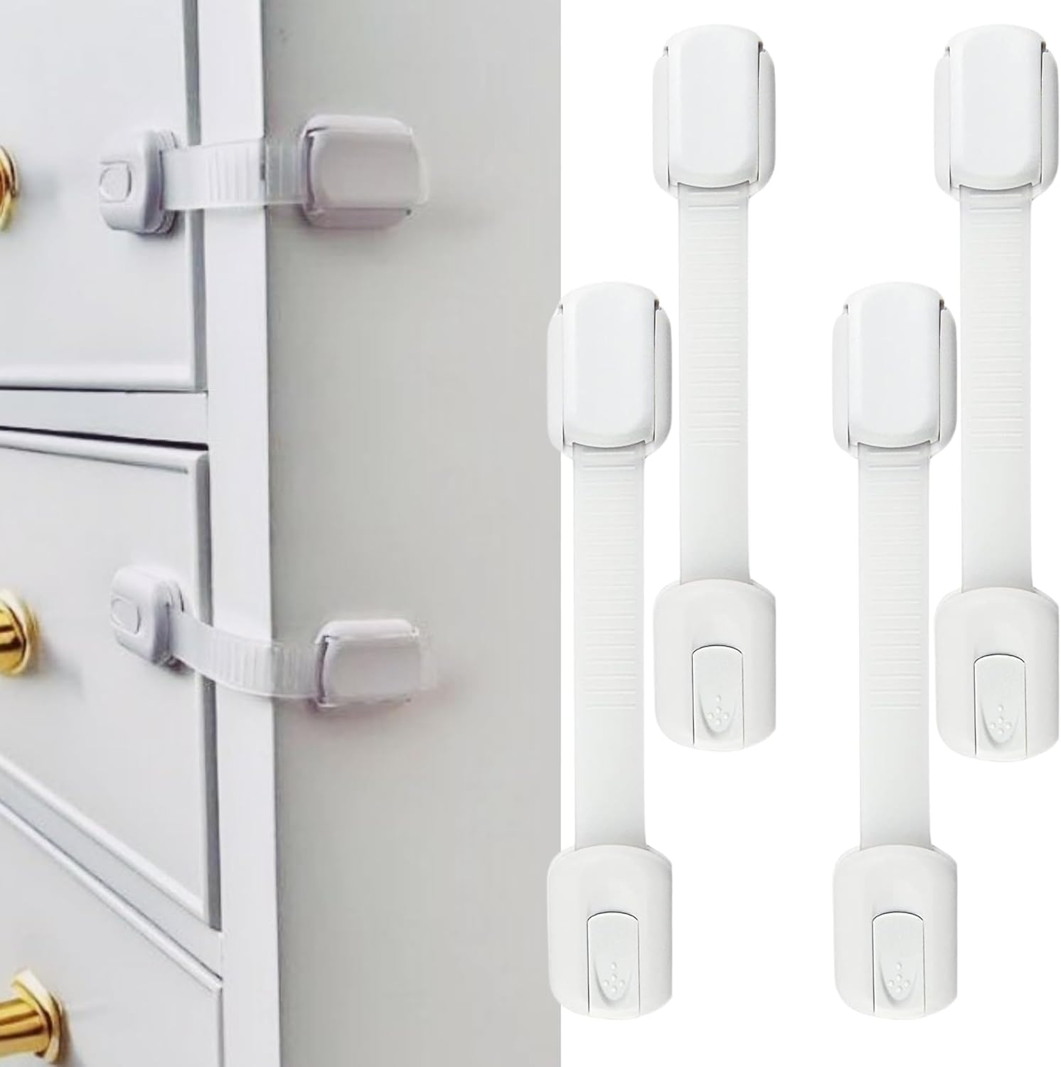 Cheeky Monkey® 4 Pack Premium Cupboard Locks for Children Baby Proofing Child Safety Strap Kitchen Cupboards Cabinets with Drawers Cabinet & Kids Proof - 4 Extra Adhesive (Adjustable, 4, Count)