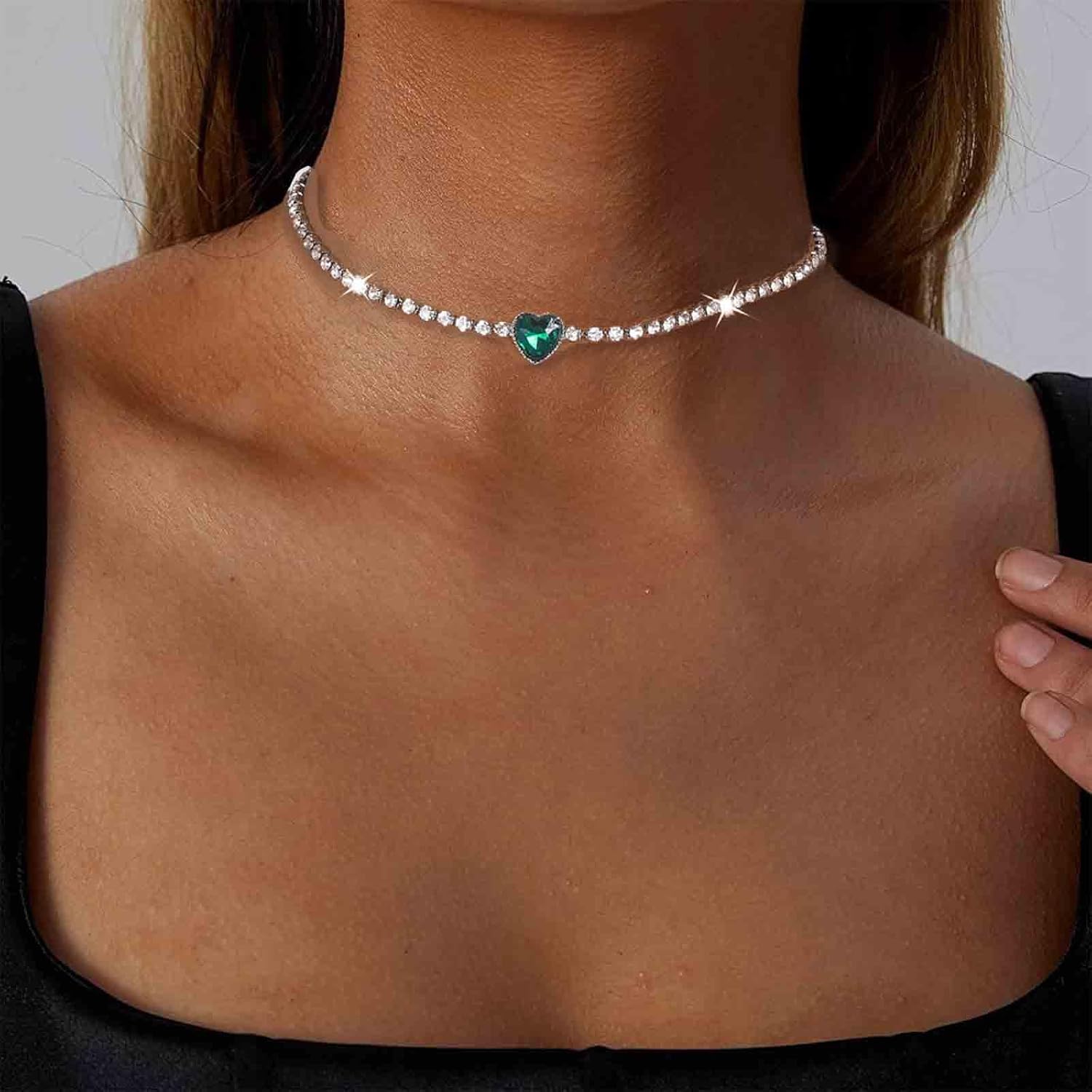 Boho Rhinestone Heart Choker Necklace Green Heart Collar Necklace Silver Tennis Chain Necklace Gemstone Heart Necklace Chain Jewelry for Women - Image 5