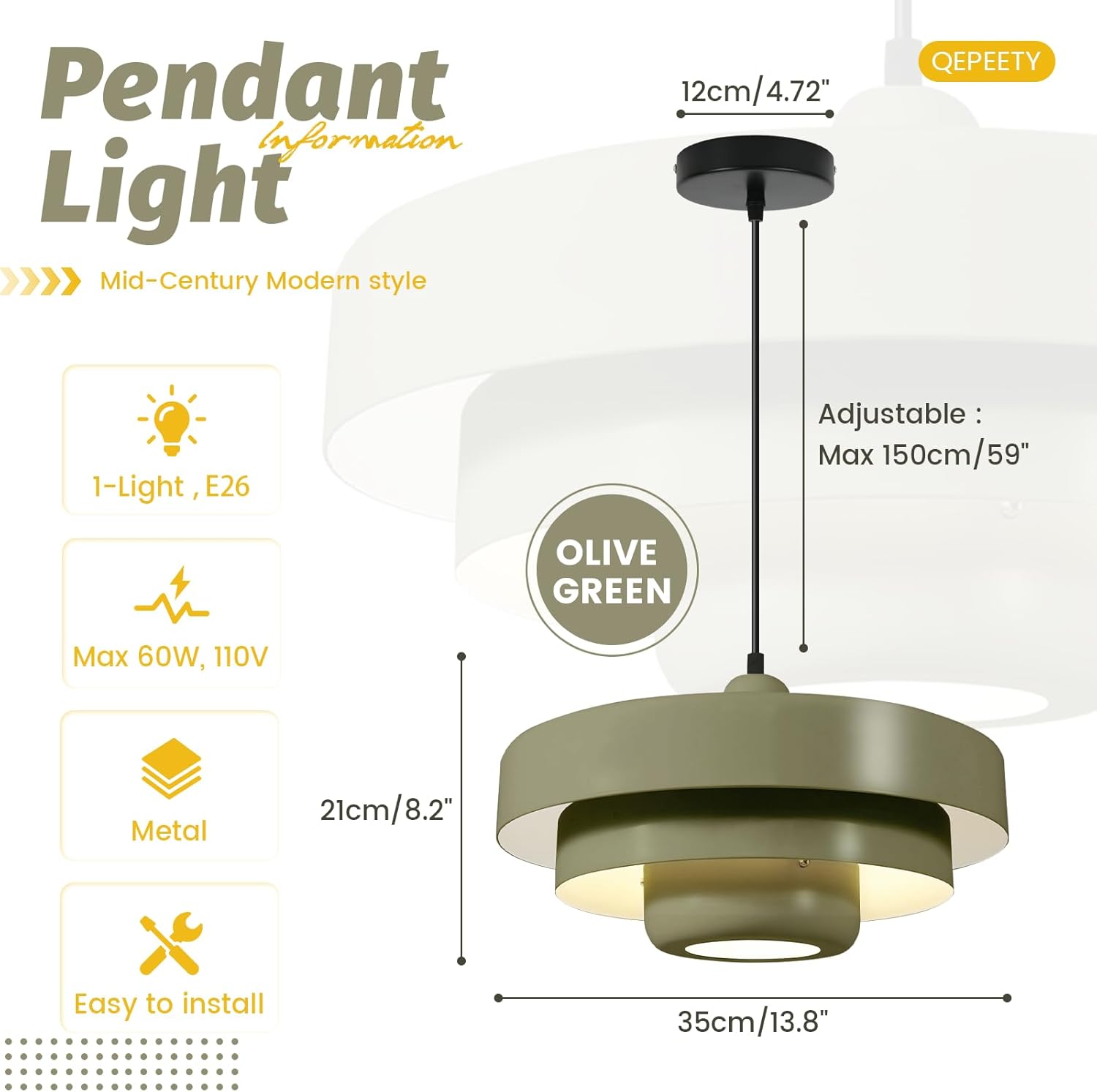 Retro Farmhouse Olive Green Pendant Light, Adjustable 59" Cord Mid Century Modern 3-Tier Hanging Light Fixture for Kitchen Island Dining Room Living Room