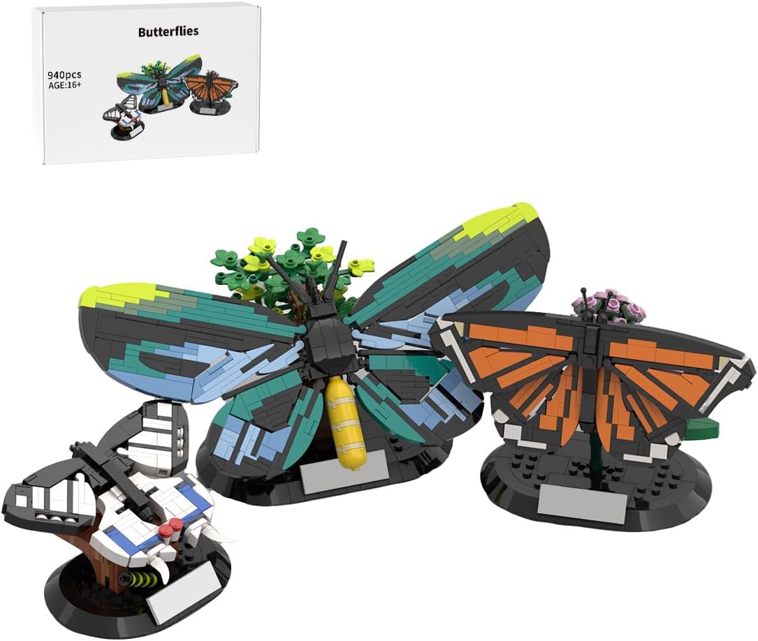 MOC Butterflies Collection Building Blocks Set, 3 Kinds of Butterflies Models with Display Stands & Adjustable Wing Design, Nature-Themed for Home Decor, Gift for Adult Collectors, 940PCS