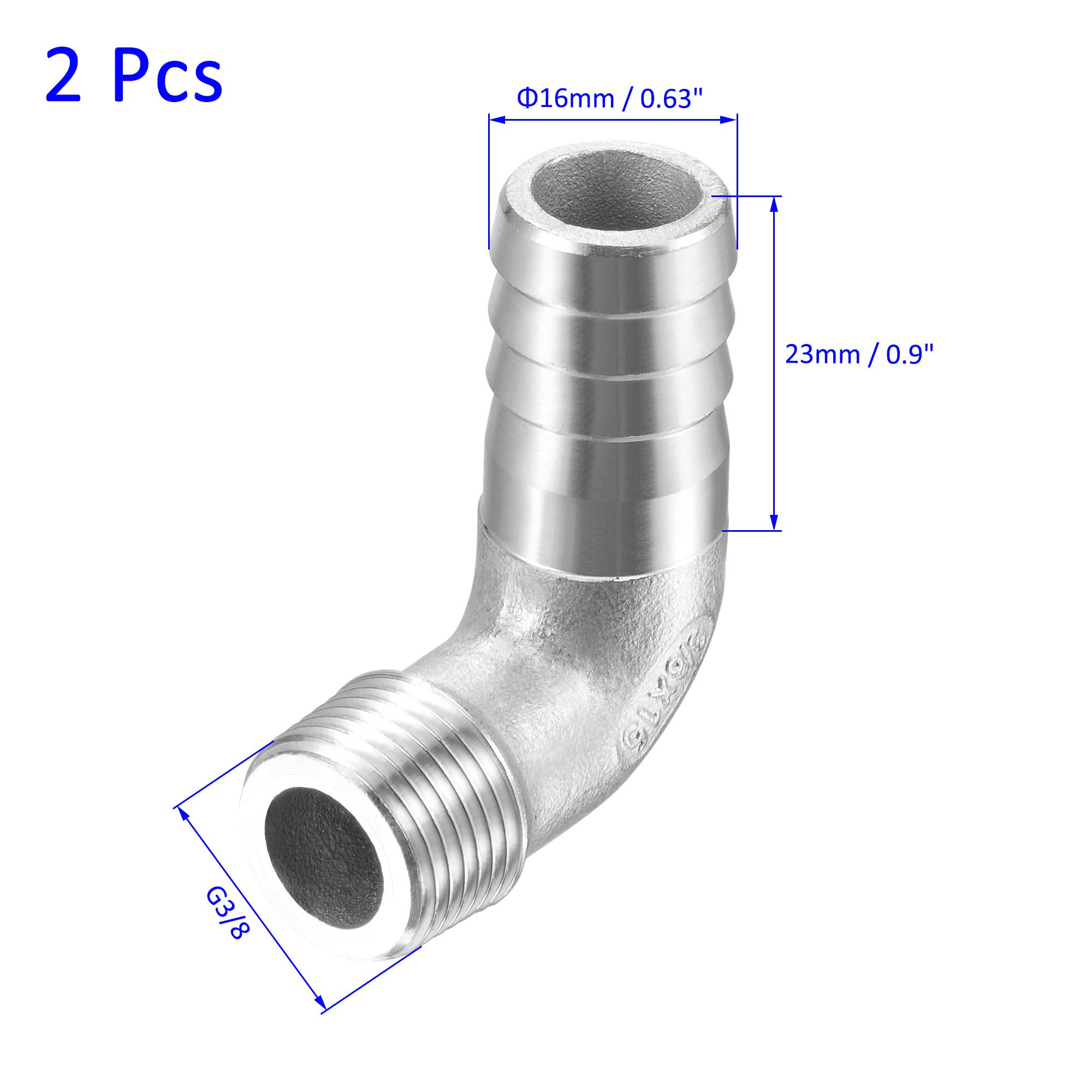 M METERXITY 2 Pack Hose Barb Fittings - 90 Degree Elbow Stainless Steel 16mm Pipe Connector Apply to Water Fuel (G3/8 Male Pipe) - Image 3