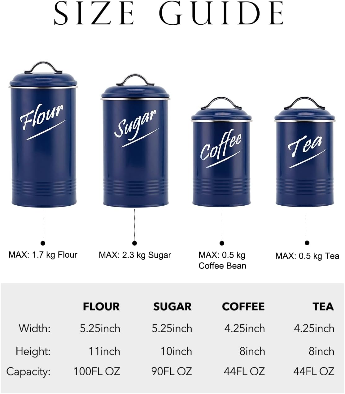 Hillbond Kitchen Canister Sets for Countertop Food Storage Containers Stainless Steel with Powder Coated Decorative Metal Storage Jars for Kitchen Counter Set of 4 (Navy Blue)