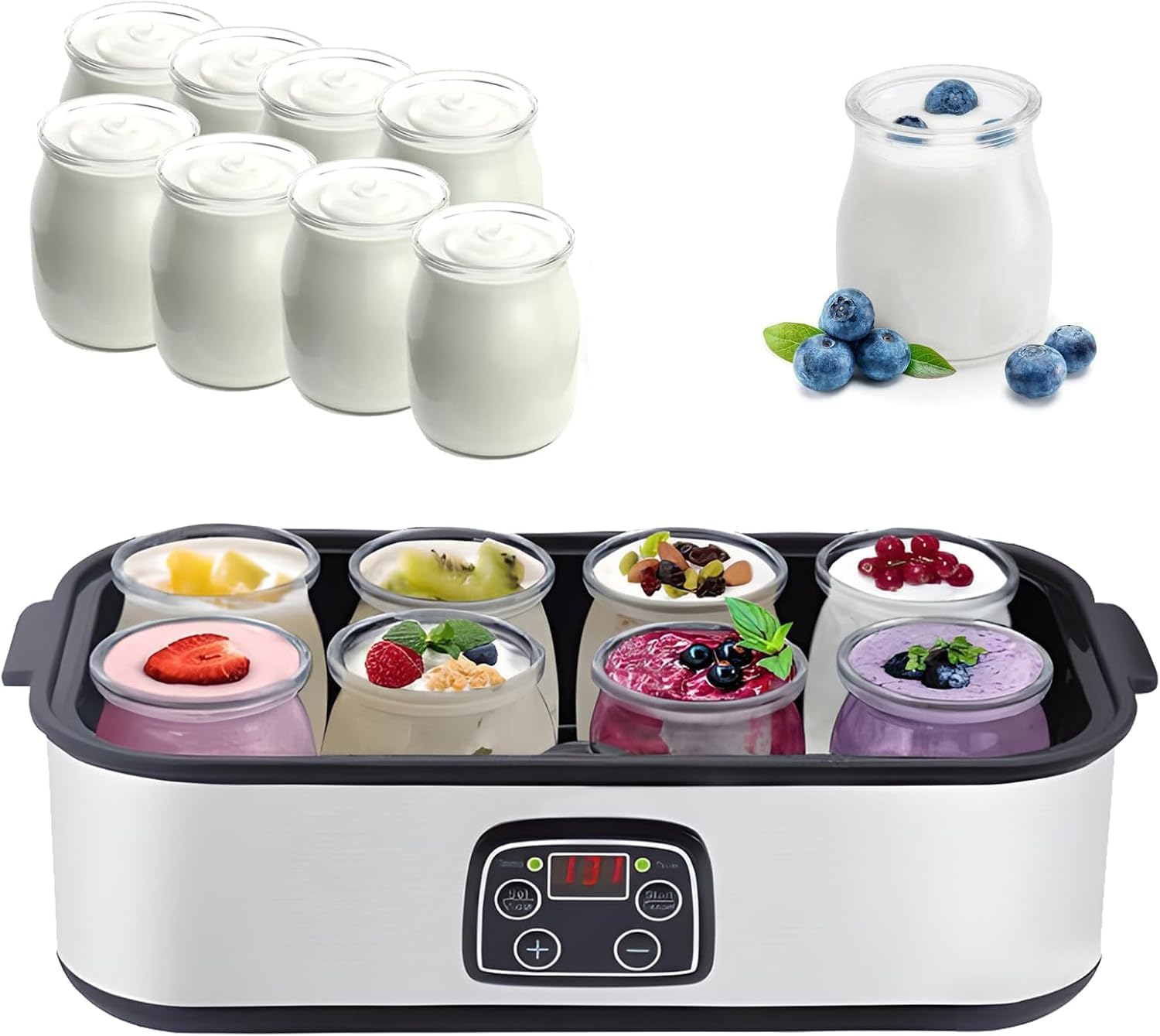 Generico Yogurtiera Automatica 1400ml con 8 Vasetti in Vetro da 180ml Controllo Temperatura e Tempo Regolabile Display LCD per Yogurt Probiotico Casalingo