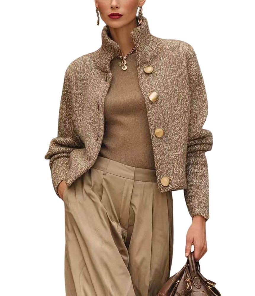 chouyatou Womens Stand Up Collar Cropped Cardigan Coats Button Down Short Chunky Sweater Jacket Outerwear