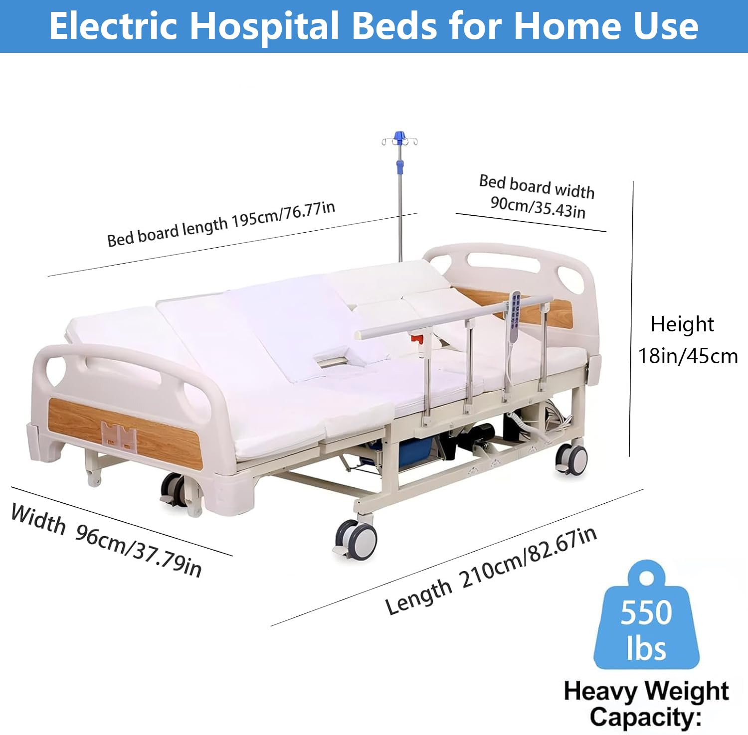 10-Funktionen-Voll‑elektrisches Pflegebett mit Seitenneigung, Krankenhausbett mit Matratze, Verstellbaren Seitengittern, Esstablett, Infusionsständer, Bettpfanne, Feststellrollen, Tragkraft bis 250 kg