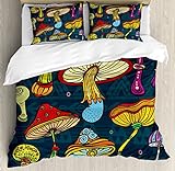 Ambesonne Mushroom Duvet Cover Set, Mushrooms Ornate Doodles with Swirls Eyes Psychedelic Botany and Growth, Decorative 3 Piece Bedding Set with 2 Pillow Shams, King Size, Dark Teal