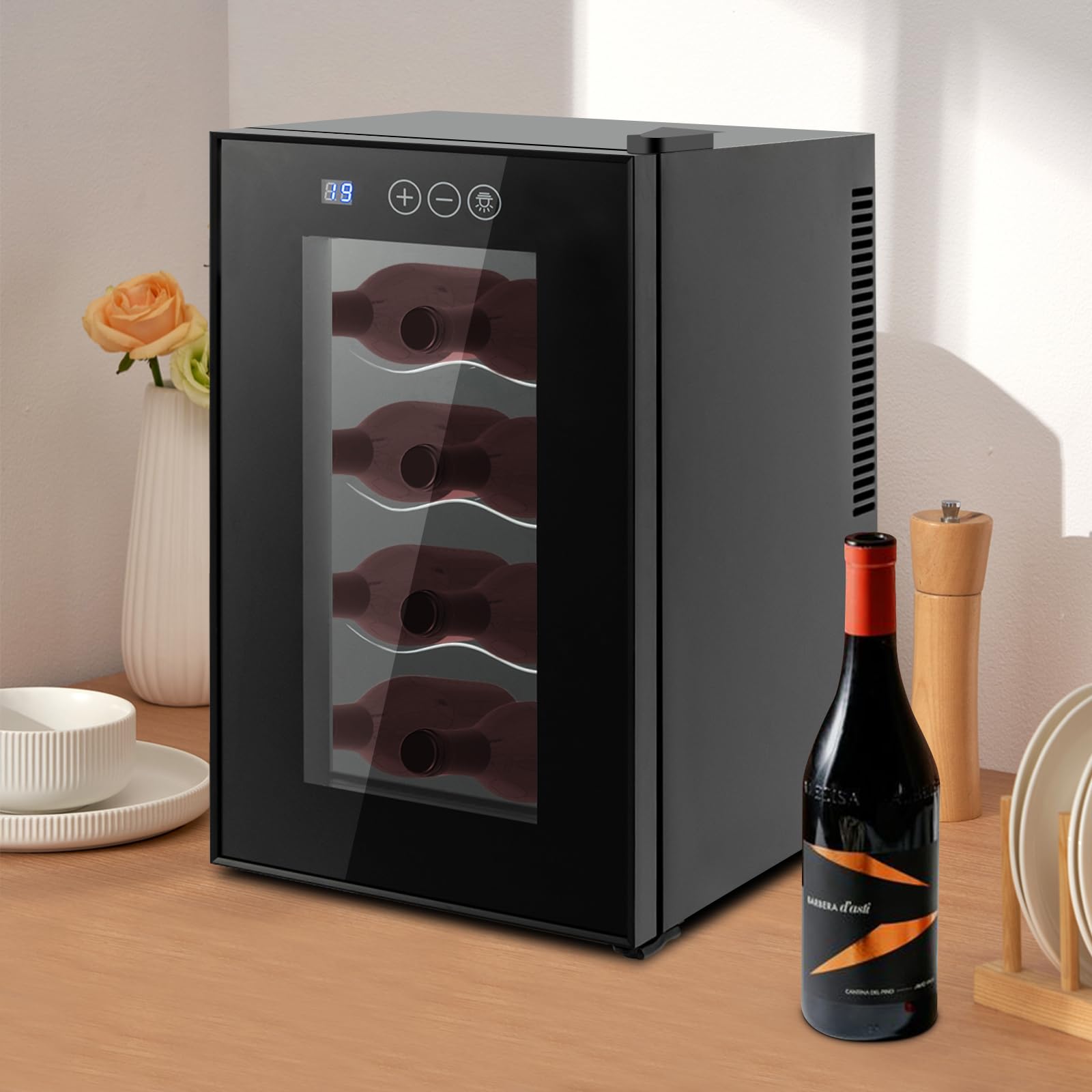 Wine Cooler Refrigerator, 8 Bottle Beverage Refrigerator Cooler with Built-In Led Light Precise Temperature Control & Touch Panel Wine Fridge Mini Wine Cellar for Home Office Hotel Bar Club Etc