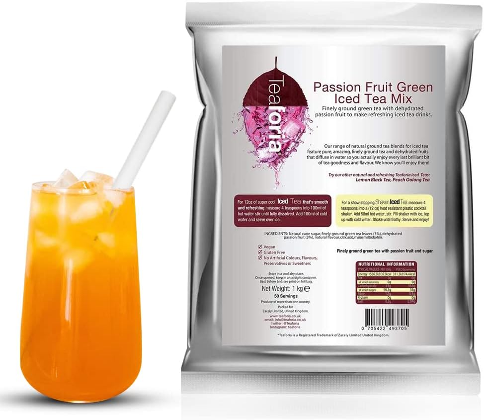 Teaforia Passion Fruit Iced Tea Mix (1kg). Refreshing, Fruity and Delicious. Great for Iced Tea and Bubble Tea. No Artificial Flavours or Colours and 100% Vegan