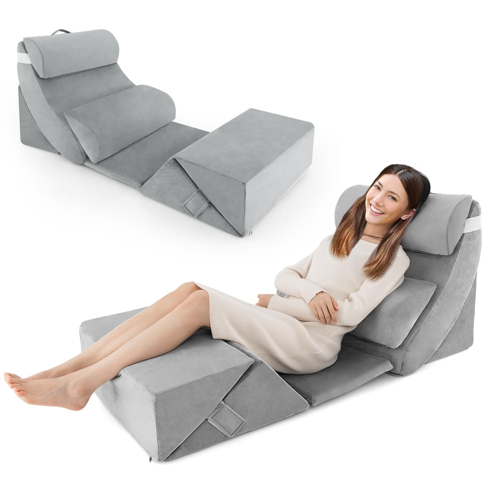 COSTWAY Ensemble de 7 Oreillers Compensés en Mousse à Mémoire, Oreiller de Lecture, Coussins Orthopédiques, Housse Lavable, Ergonomiques pour Post Opératoire, Grossesse, Douleur, Gris