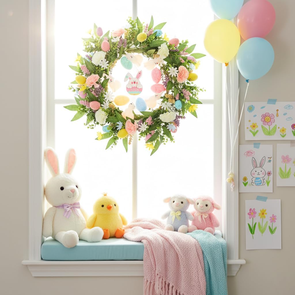 Spring Wreaths for Front Door with LED Lights, 20 Inch Artificial Flower Wreath with Colorful Eggs & Daisies, Spring Wreath for Outdoor Indoor Home Decor, Farmhouse Spring Porch Decorations