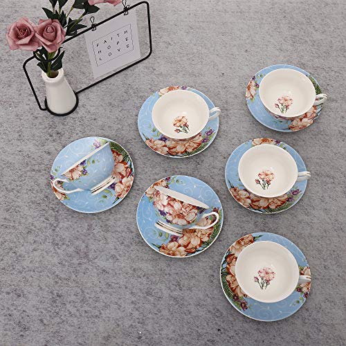 ufengke 7oz Flora Coffee Cup Set,Porcelain Cappuccino Cups with Saucers and Spoon,Set of 6 Ceramic Tea Cup and Saucer Set-Light Blue