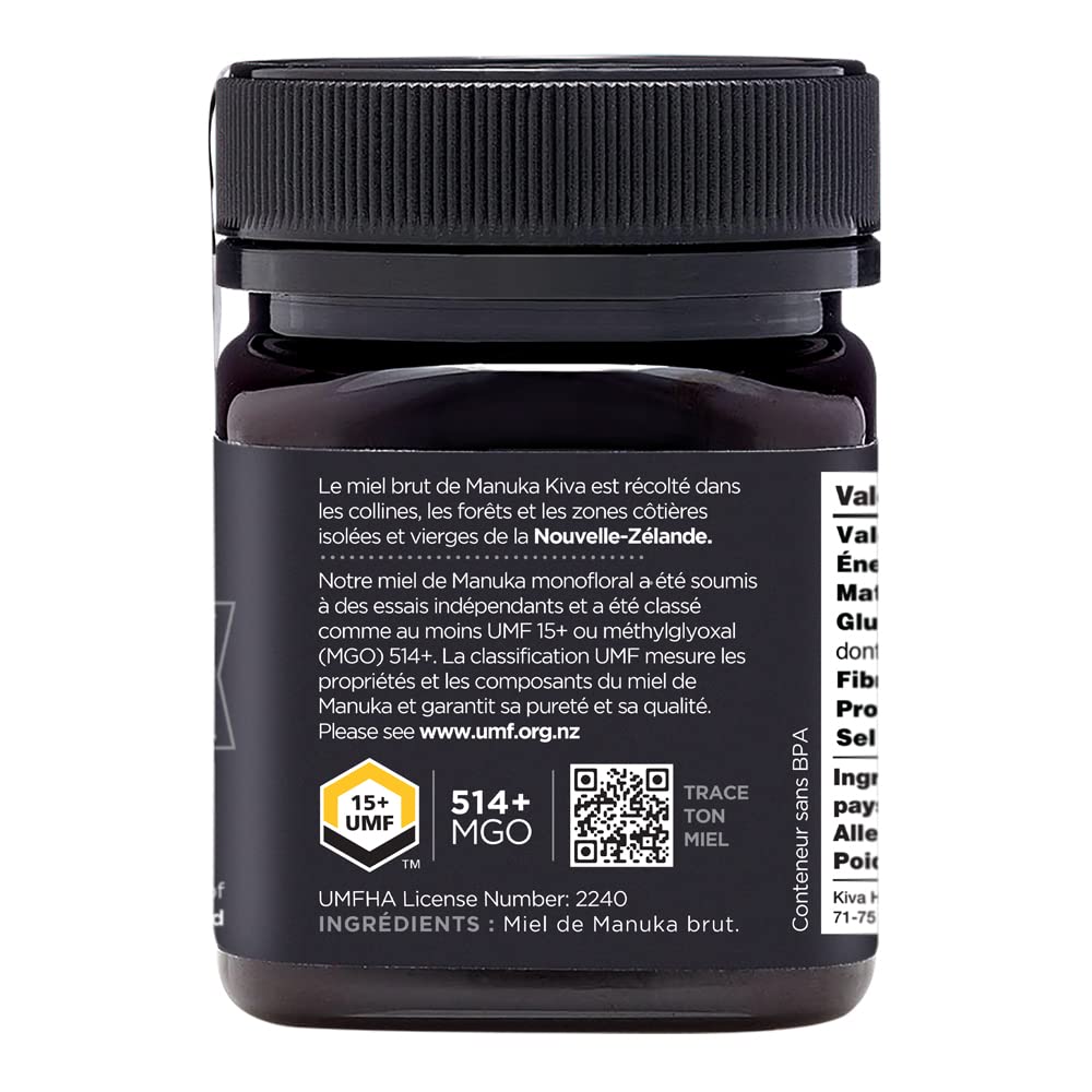 Miel de Manuka non pasteurisé Kiva, certifiée UMF 15+ (MGO 514+) - Nouvelle Zélande (250 g)