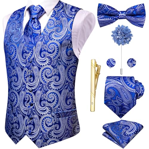Hi-Tie Royal Blue White Paisley Silk Vests for Men Suit Vest and Tie Bowtie Lapel Pin Gold Tie Clip Paisley Floral Waistcoat 8PCS Set Tuxedo Wedding Party