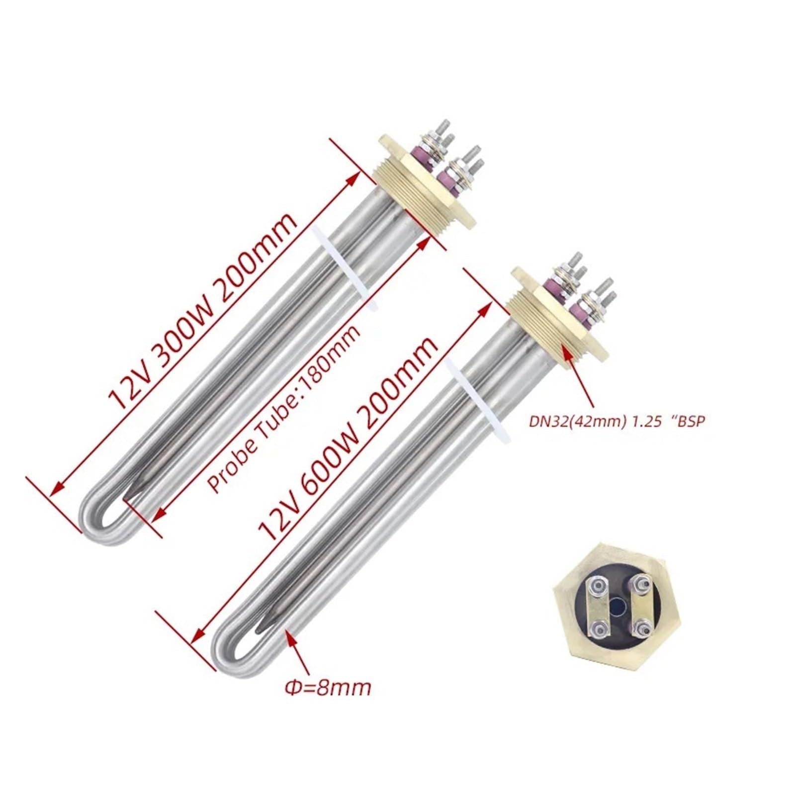 Brida de agua Zeater Element DN32 Calentador de agua con brida de cobre Camper 300w/600w DC solar con tubo termostático Elemento calefactor 12v (Heater With Nut,12v 600w BSP)
