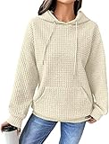 Womens Drawstring Long Sleeve Hoodies Trendy Winter Casual Waffle Pullover Tops Fall Hooded Sweatshirt with Pocket (Apricot,XX-Large)