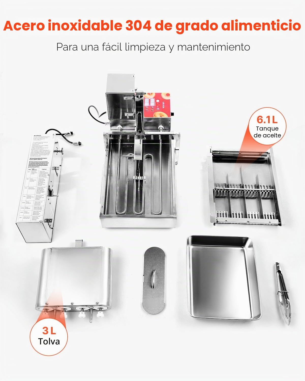 VEVOR Máquina Automática para Hacer Donas, Equipo para Hacer Donas de 4 Filas, Alta Potencia 240 Piezas/Hora, Acero Inoxidable, Control Inteligente, con Una Tolva 3 L y Un Tanque de Aceite 6,1 L