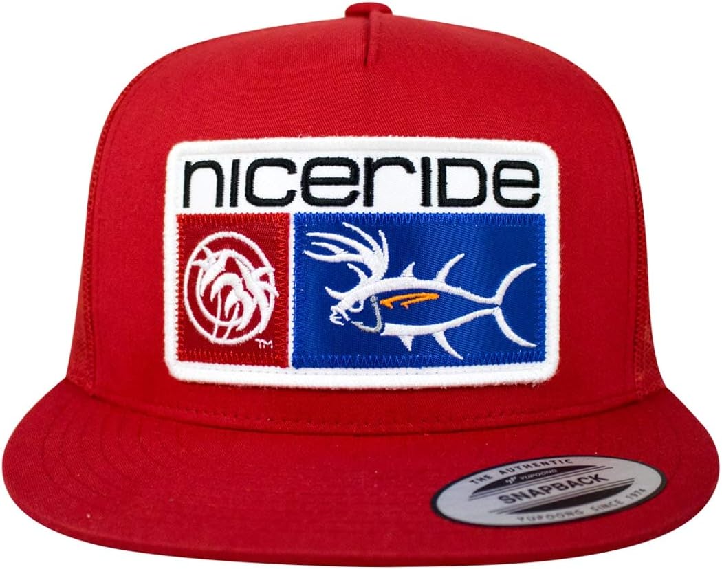 “Buck-Eye Combo Patch” Snapback Trucker Red Unisex Adjustable Baseball Cap with Embroidered Patch Logo – Mesh Back – One Size