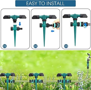 Garden Sprinkler Lawn Water Sprinkler Automatic 360 Rotating 3 Arms Sprayer Adjustable Sprinkler Irrigation System for Watering Veggies Flowers Grass Lawn Plants