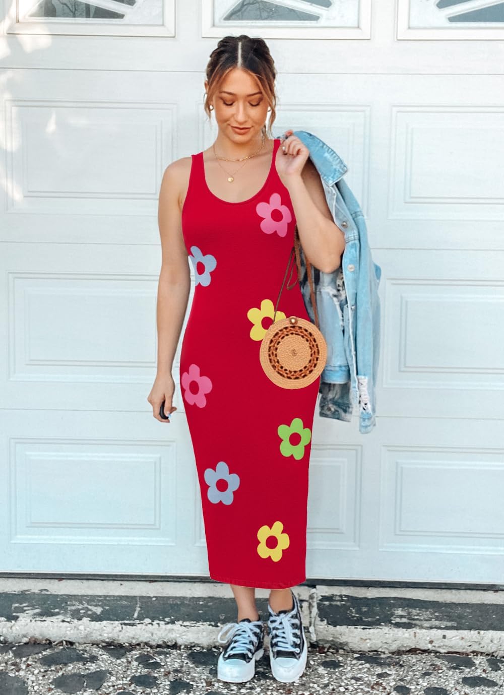 ZESICA Women's Summer Knit Bodycon Midi Dress 2026 Sleeveless Floral Crewneck Color Block Long Beach Party Dresses - Image 7