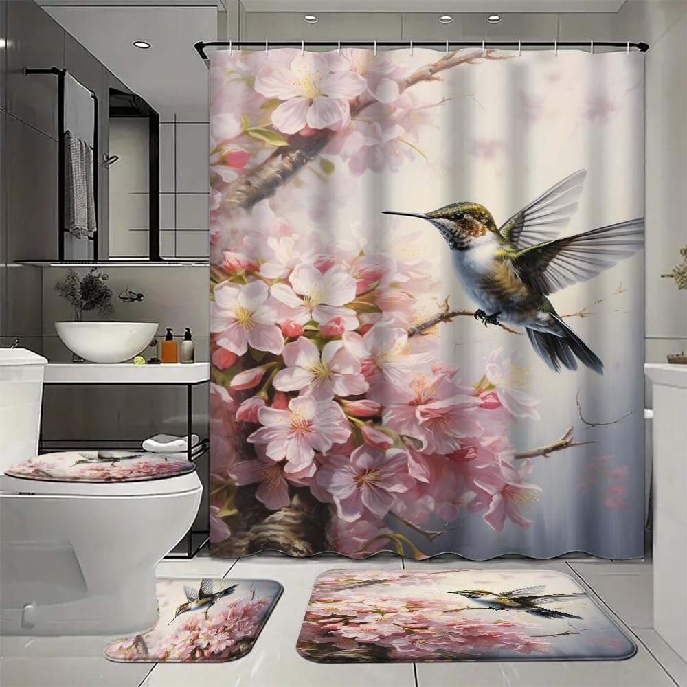 Vintage Hummingbird Waterproof Shower Curtain Set (72x72 Inch) with Non-Slip Bath Rugs, 4 Piece Colorful Flowers Nature Birds Bathroom Set Includes U-Shaped Mat & Toilet Seat Cover