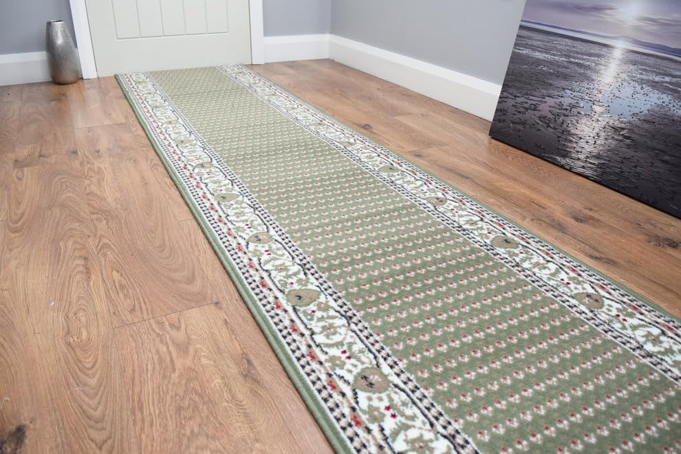 SrS Rugs® Luna Collection, Modern Long Carpet Runner Rug for Entrance Hall and Stairs. Smooth Soft 8mm Depth Pile. 70cm Wide (Border Traditional Green, Length: 8' (244cm)) — image 1