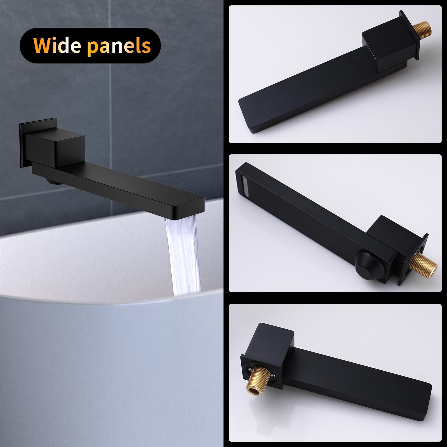 Matte Black Waterfall Tub Faucet Spout Non Diverter for Bathtub Shower Faucet Folding Wall Mount 180 Degree Swivel Bath Tub Spout with ON/Off High Flow Filler Bath Spa Bathtub Spout